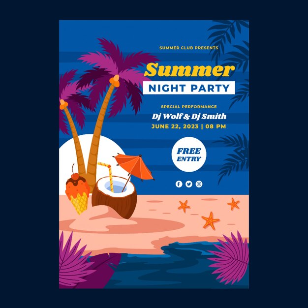 Modèle d'affiche de fête de nuit d'été plat avec des cocktails sur la plage