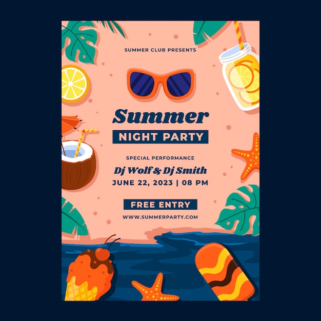 Vecteur gratuit modèle d'affiche de fête de nuit d'été plat avec plage