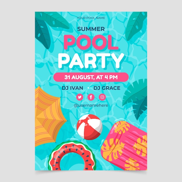 Modèle d'affiche de fête de piscine dessiné à la main