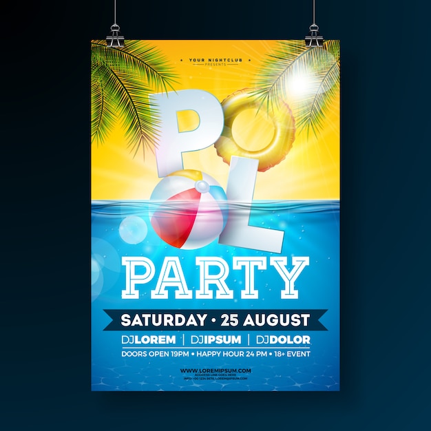 Modèle d'affiche fête piscine été avec ballon de plage et flotteur