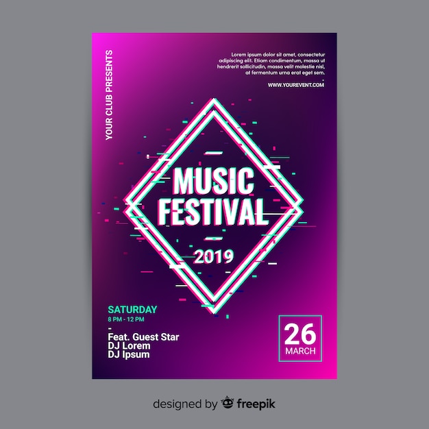 Vecteur gratuit modèle d'affiche glitch music festival