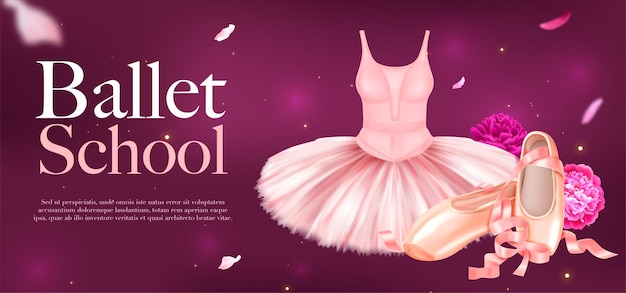 Vecteur gratuit modèle d'affiche horizontale d'école de ballet avec robe de ballerine et chaussures pivoines et pétales tombants sur illustration vectorielle de fond de couleur