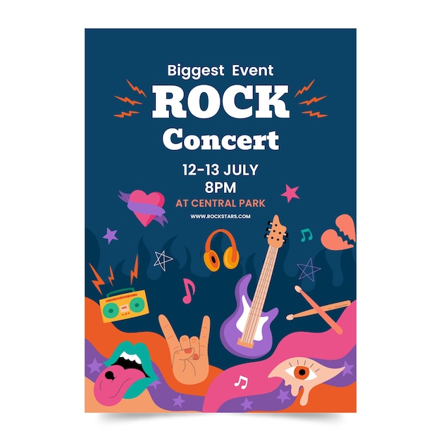 Vecteur gratuit modèle d'affiche de la journée mondiale du rock dessiné à la main avec des instruments