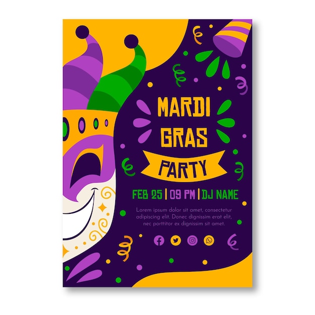 Vecteur gratuit modèle d'affiche mardi gras dessiné à la main