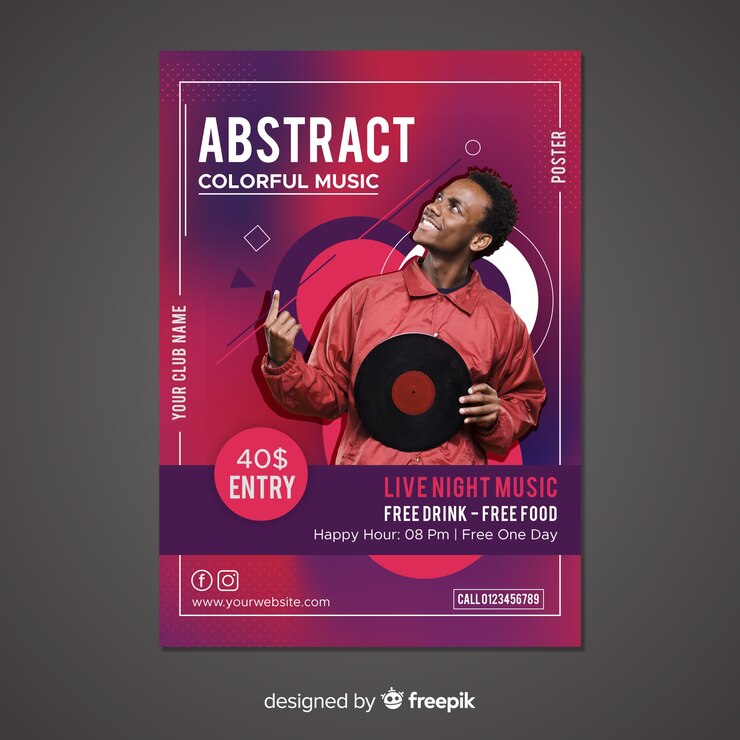 Vecteur gratuit modèle d'affiche de musique abstraite avec photo