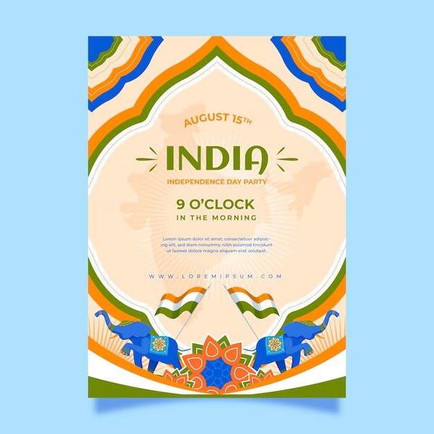 Vecteur gratuit modèle d'affiche plat de la fête de l'indépendance de l'inde avec des éléphants