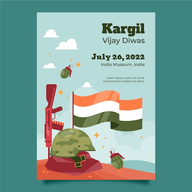Vecteur gratuit modèle d'affiche plat kargil vijay diwas avec drapeau indien et arme à feu