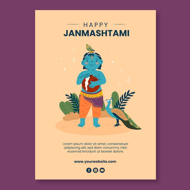 Vecteur gratuit modèle d'affiche plate pour la célébration de janmashtami