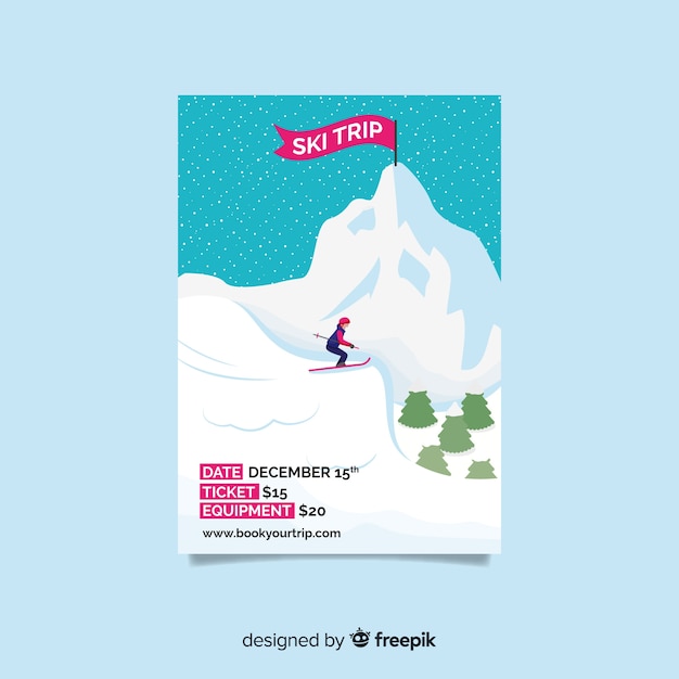 Vecteur gratuit modèle d'affiche plate de voyage de ski