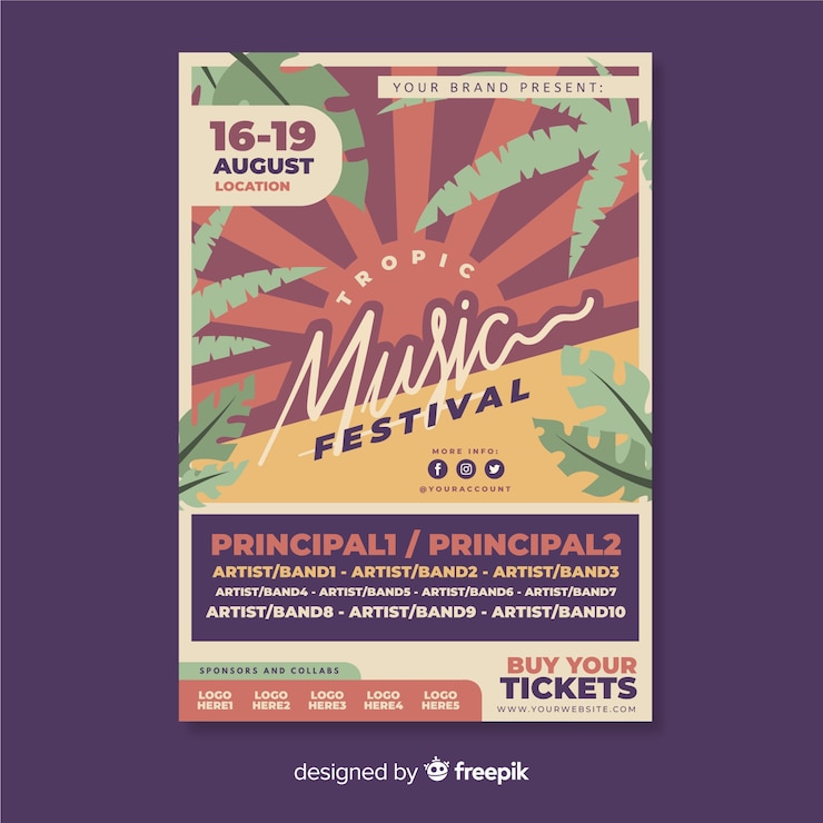 Vecteur gratuit modèle d&#39;affiche pour le festival de musique tropicale vintage