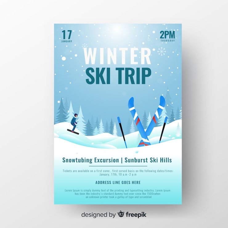 Vecteur gratuit modèle d&#39;affiche pour un séjour de ski en hiver