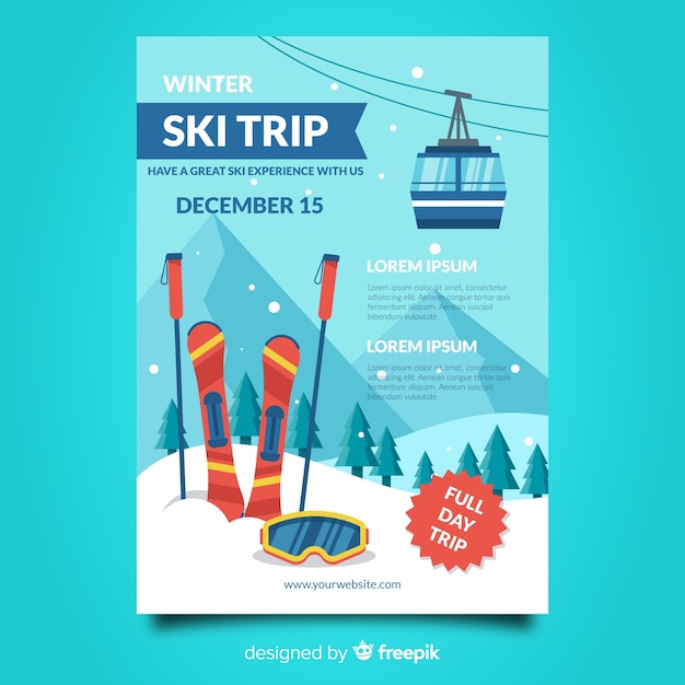 Vecteur gratuit modèle d'affiche pour un voyage de ski en funiculaire