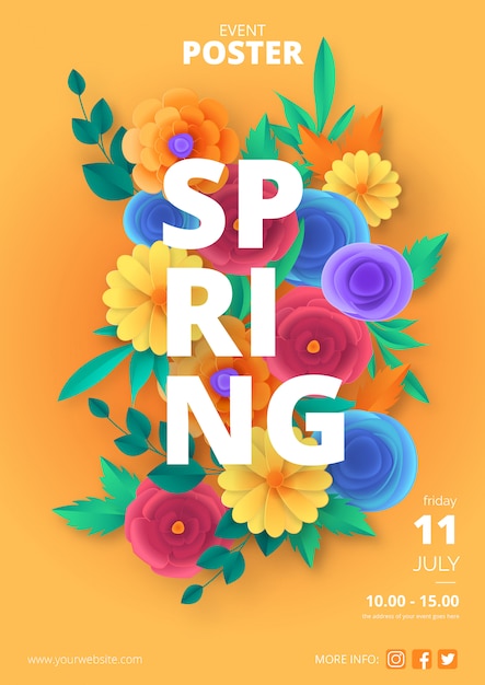 Vecteur gratuit modèle d'affiche de printemps avec des fleurs coupées de papier coloré