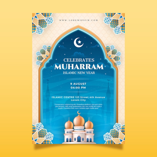 Vecteur gratuit modèle d'affiche réaliste du nouvel an islamique avec croissant de lune
