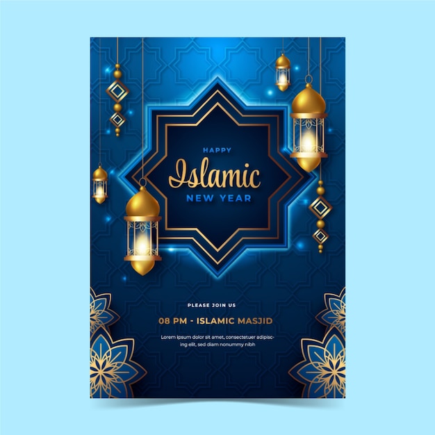 Vecteur gratuit modèle d'affiche réaliste du nouvel an islamique avec des lanternes