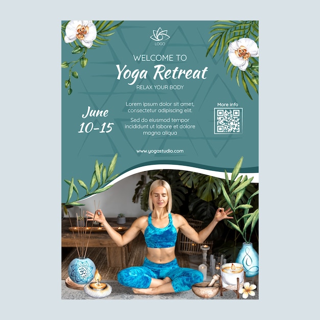 Vecteur gratuit modèle d'affiche de retraite de yoga aquarelle