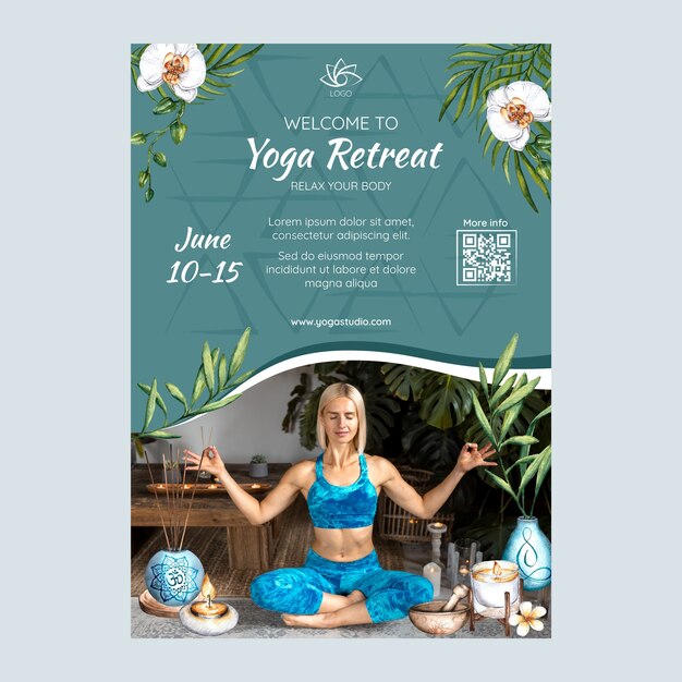 Modèle d'affiche de retraite de yoga aquarelle
