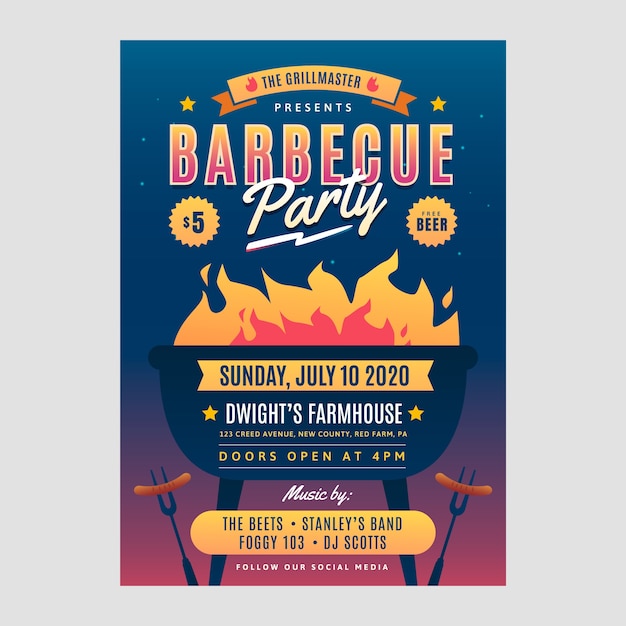 Vecteur gratuit modèle d'affiche de soirée barbecue d'été dégradé