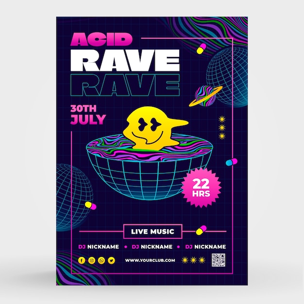 Vecteur gratuit modèle d'affiche de soirée rave dégradé