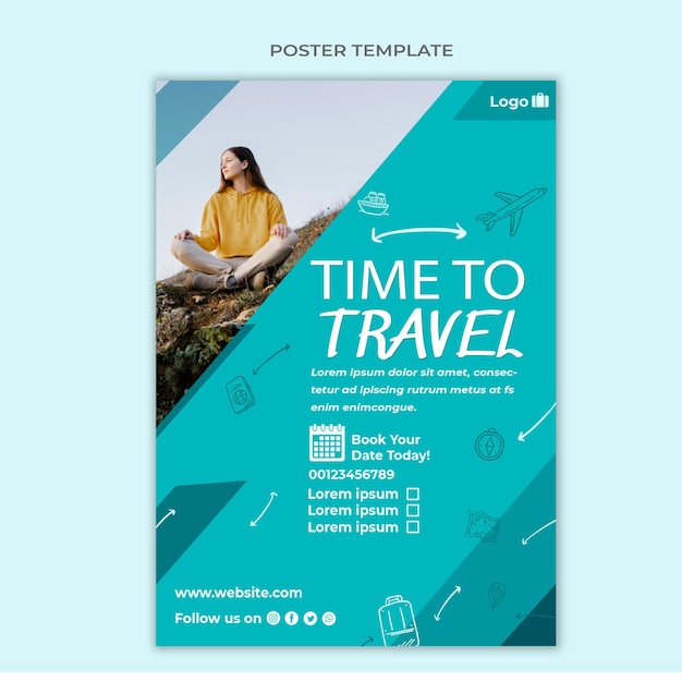 Vecteur gratuit modèle d'affiche de temps plat pour voyager