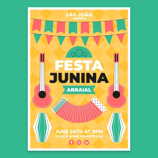 Vecteur gratuit modèle d'affiche vertical plat festa junina