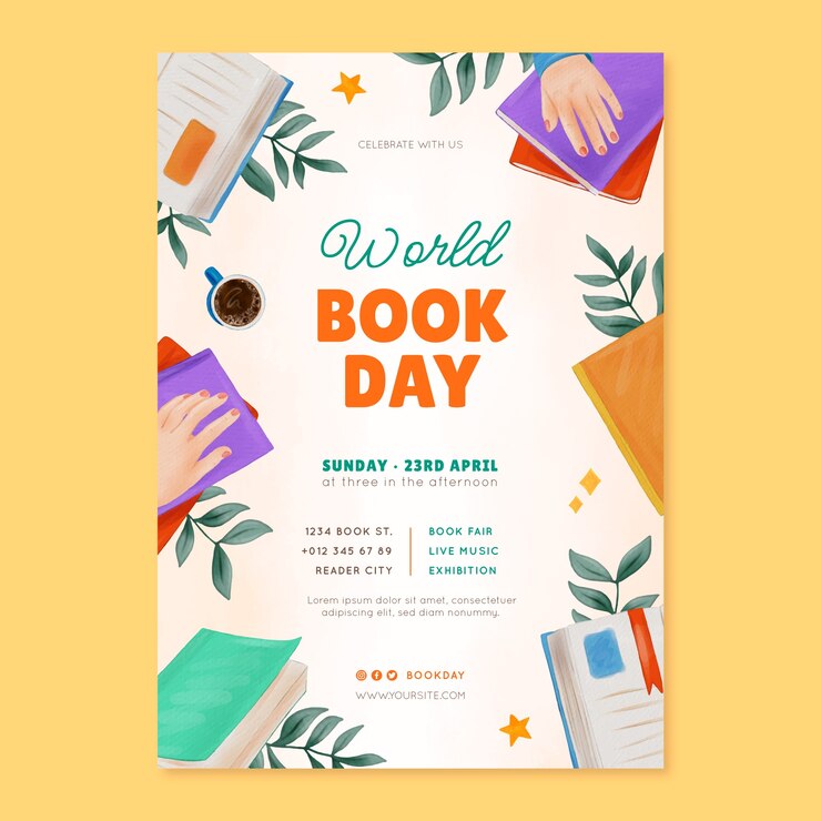 Vecteur gratuit modèle d'affiche verticale aquarelle pour la célébration de la journée mondiale du livre