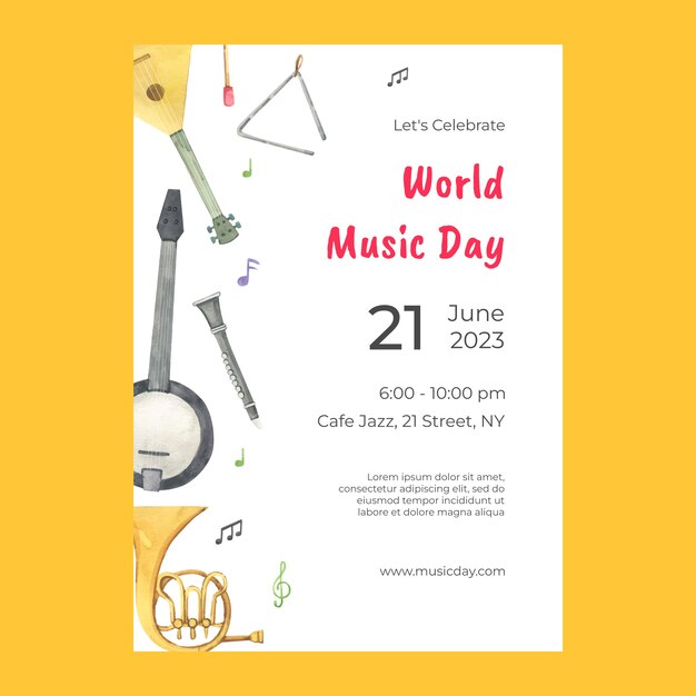 Modèle d'affiche verticale aquarelle pour la célébration de la journée mondiale de la musique