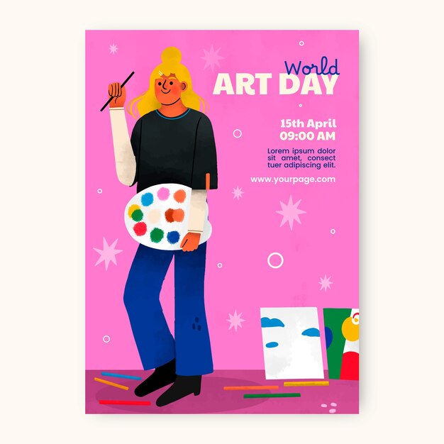 Modèle d'affiche verticale à l'aquarelle pour la journée mondiale de l'art