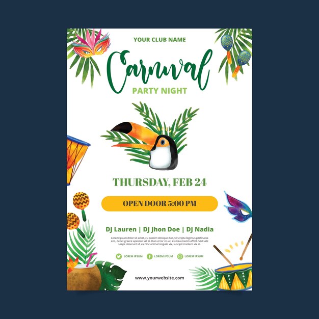 Modèle d'affiche verticale de carnaval aquarelle