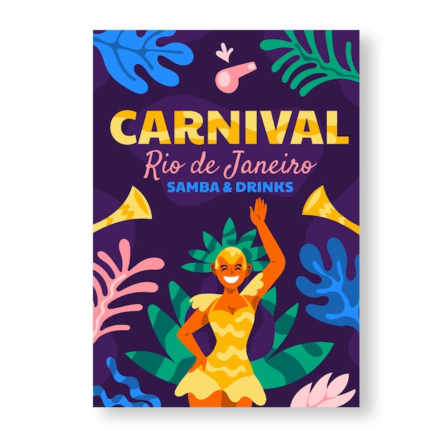 Vecteur gratuit modèle d'affiche verticale de carnaval brésilien plat