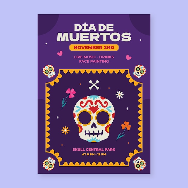 Vecteur gratuit modèle d'affiche verticale de célébration plat dia de muertos