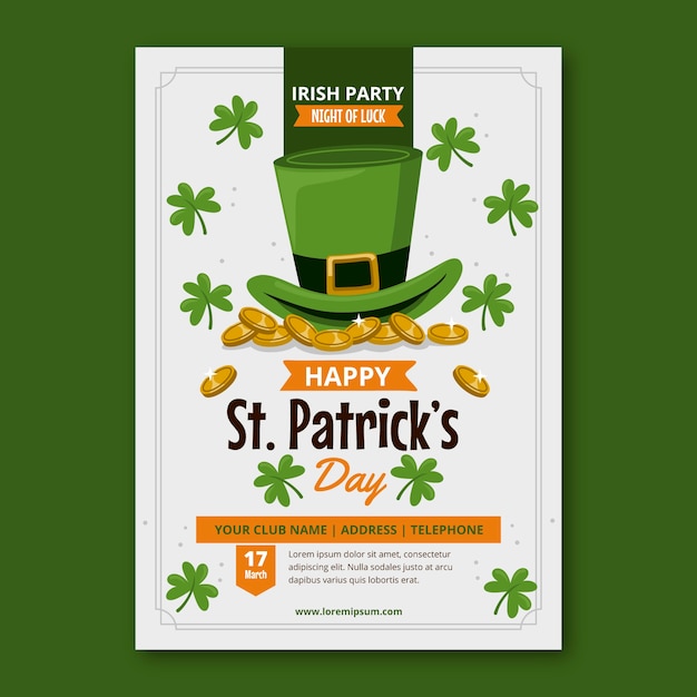 Vecteur gratuit modèle d'affiche verticale de célébration de la saint patrick plat