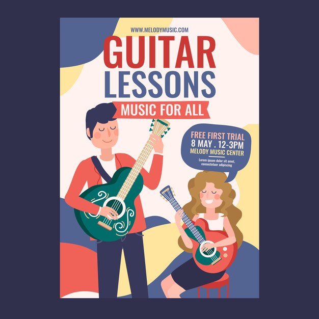 Vecteur gratuit modèle d'affiche verticale de cours de guitare dessinés à la main