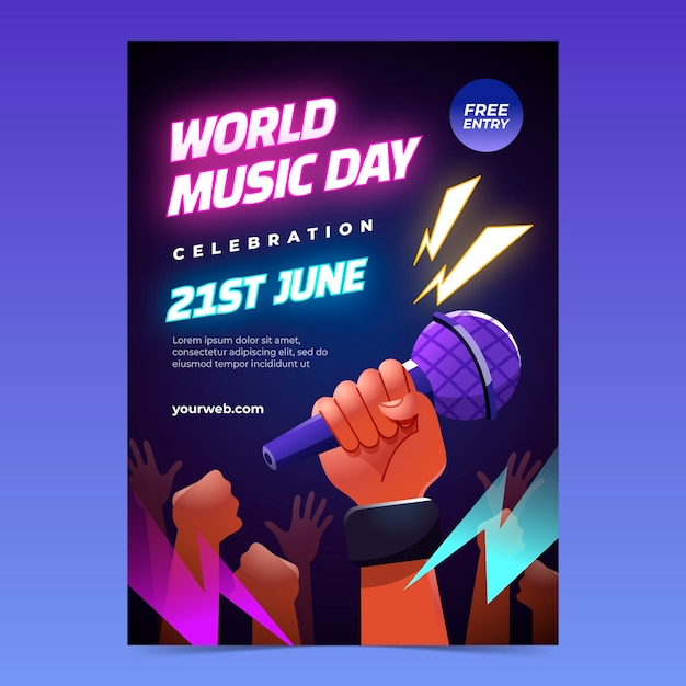 Vecteur gratuit modèle d'affiche verticale dégradée pour la célébration de la journée mondiale de la musique