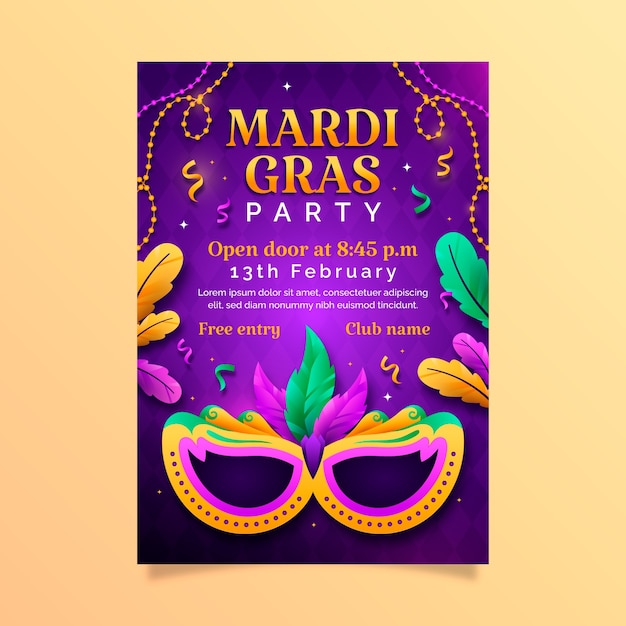 Vecteur gratuit modèle d'affiche verticale dégradée pour le festival du mardi gras