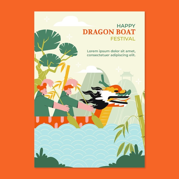 Modèle D'affiche Verticale Dessinée à La Main Pour La Célébration Du Festival Des Bateaux-dragons Chinois