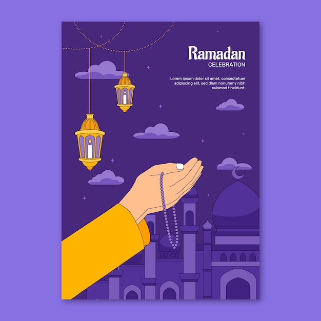 Vecteur gratuit modèle d'affiche verticale dessinée à la main pour la célébration islamique du ramadan.