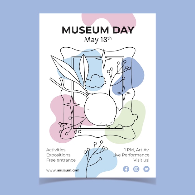 Vecteur gratuit modèle d'affiche verticale dessinée à la main pour la journée internationale des musées