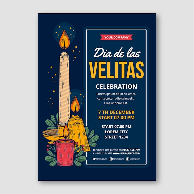 Vecteur gratuit modèle d'affiche verticale dia de las velitas dessiné à la main