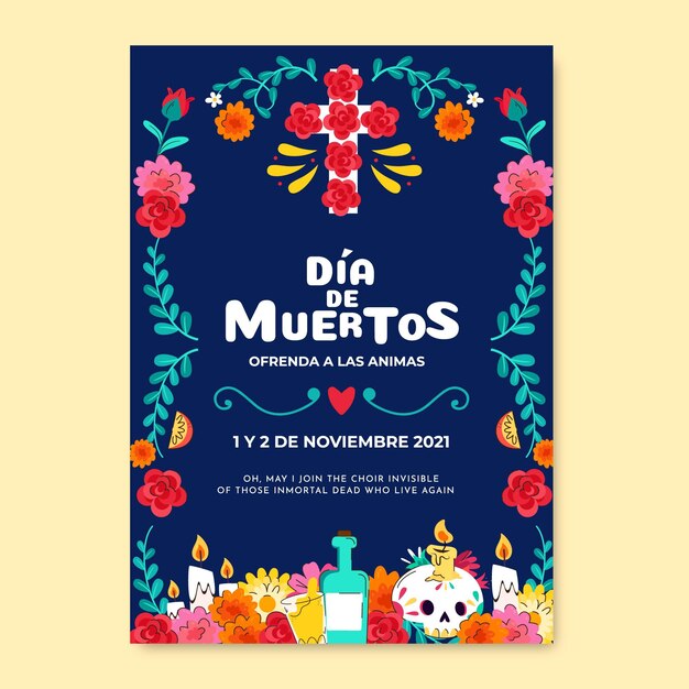 Modèle D'affiche Verticale Dia De Muertos Plat Dessiné à La Main