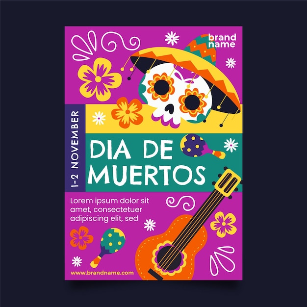 Vecteur gratuit modèle d'affiche verticale dia de muertos plat dessiné à la main