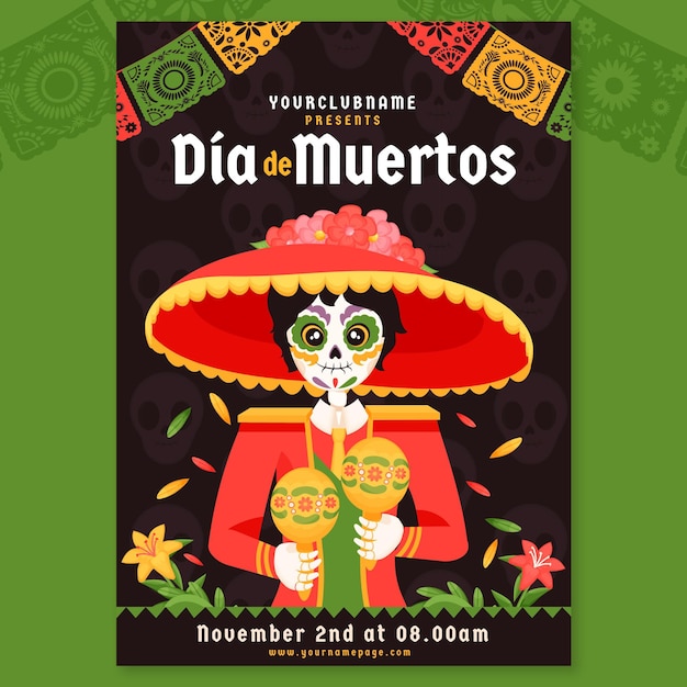 Modèle D'affiche Verticale Dia De Muertos Plat Dessiné à La Main