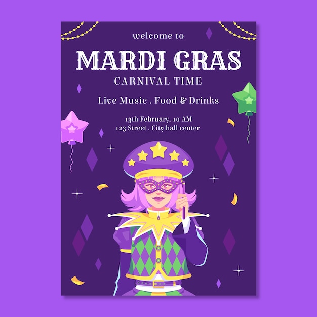 Modèle D'affiche Verticale Du Festival Du Mardi Gras Plat