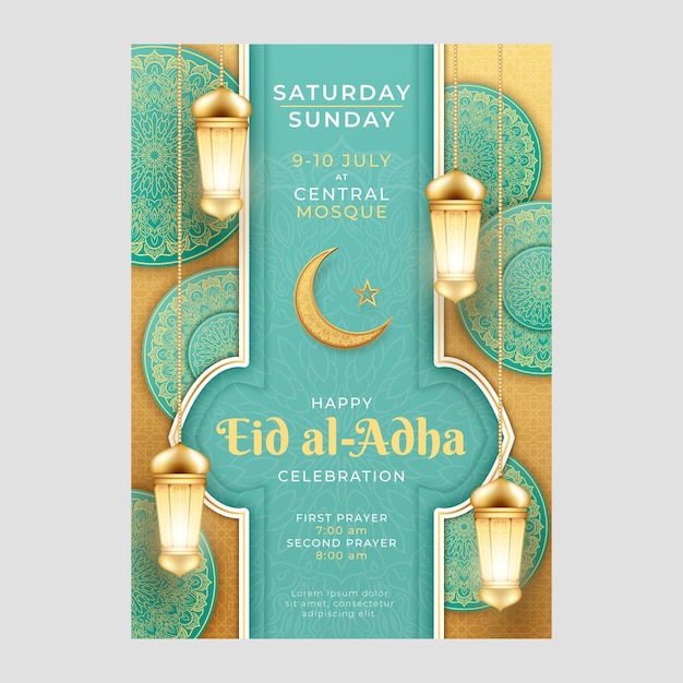 Vecteur gratuit modèle d'affiche verticale eid al-adha réaliste avec croissant de lune et lanternes