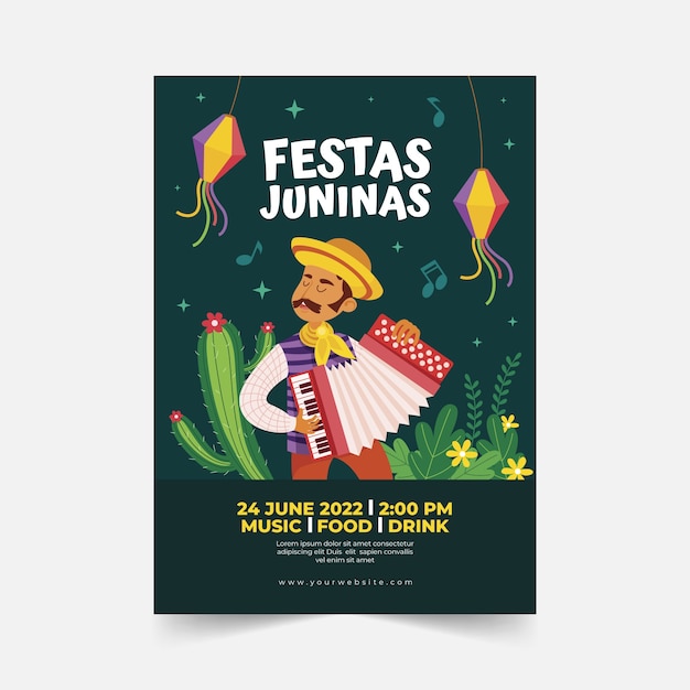 Vecteur gratuit modèle d'affiche verticale festas juninas plat