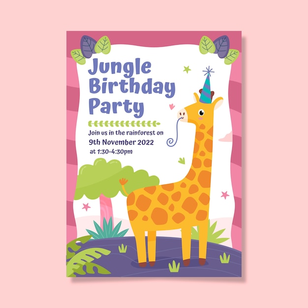 Vecteur gratuit modèle d'affiche verticale de fête d'anniversaire de jungle dessiné à la main