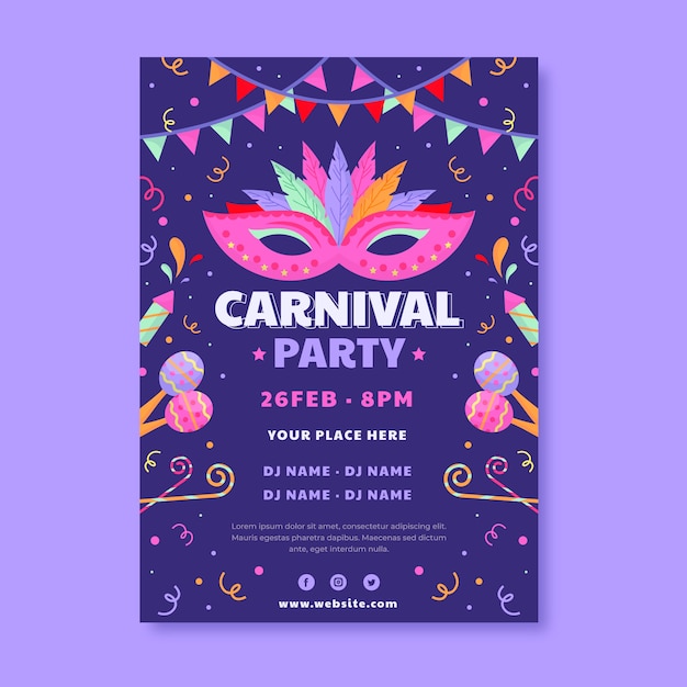 Vecteur gratuit modèle d'affiche verticale de fête de carnaval plat