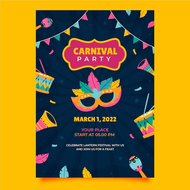 Vecteur gratuit modèle d'affiche verticale de fête de carnaval plat