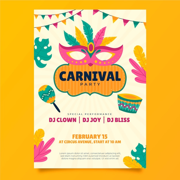 Vecteur gratuit modèle d'affiche verticale de fête de carnaval plat