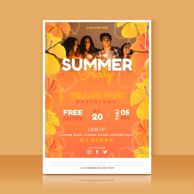 Vecteur gratuit modèle d'affiche verticale de fête d'été plat avec photo